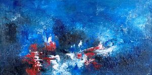 Red blue abstract painting titled Aftermath by Fifi – 16x20″ acrylic on canvas