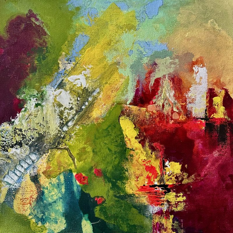 Primeval abstract painting by Fifi – red, green, and yellow acrylic artwork on canvas