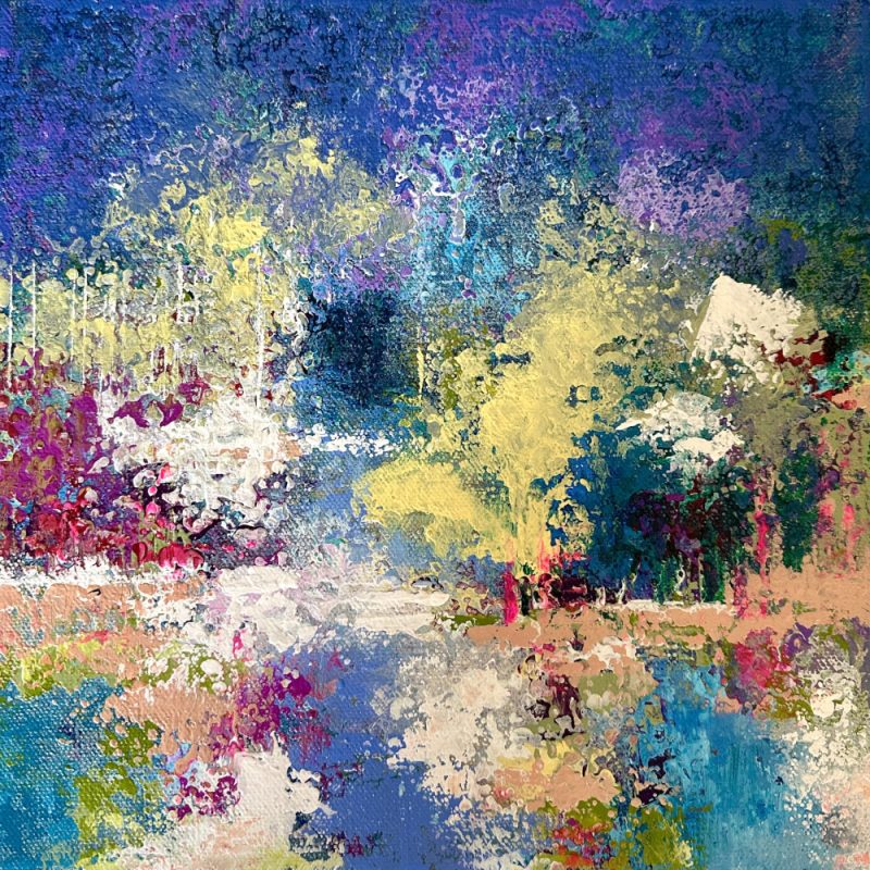 Spring abstract landscape painting in blue, violet, and yellow by Fifi, acrylic on canvas, 10x10 inches.